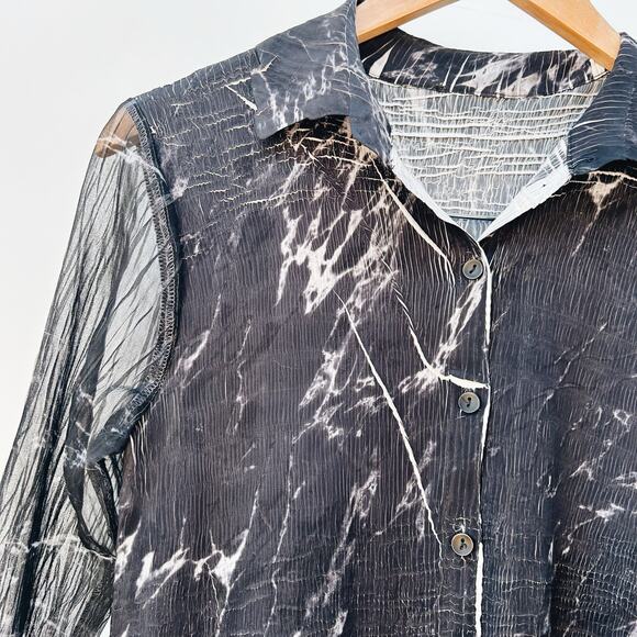 Komarov Black Marble Collared Long Sleeve Charmeuse Crinkle Mini Dress Small - Picture 4 of 10